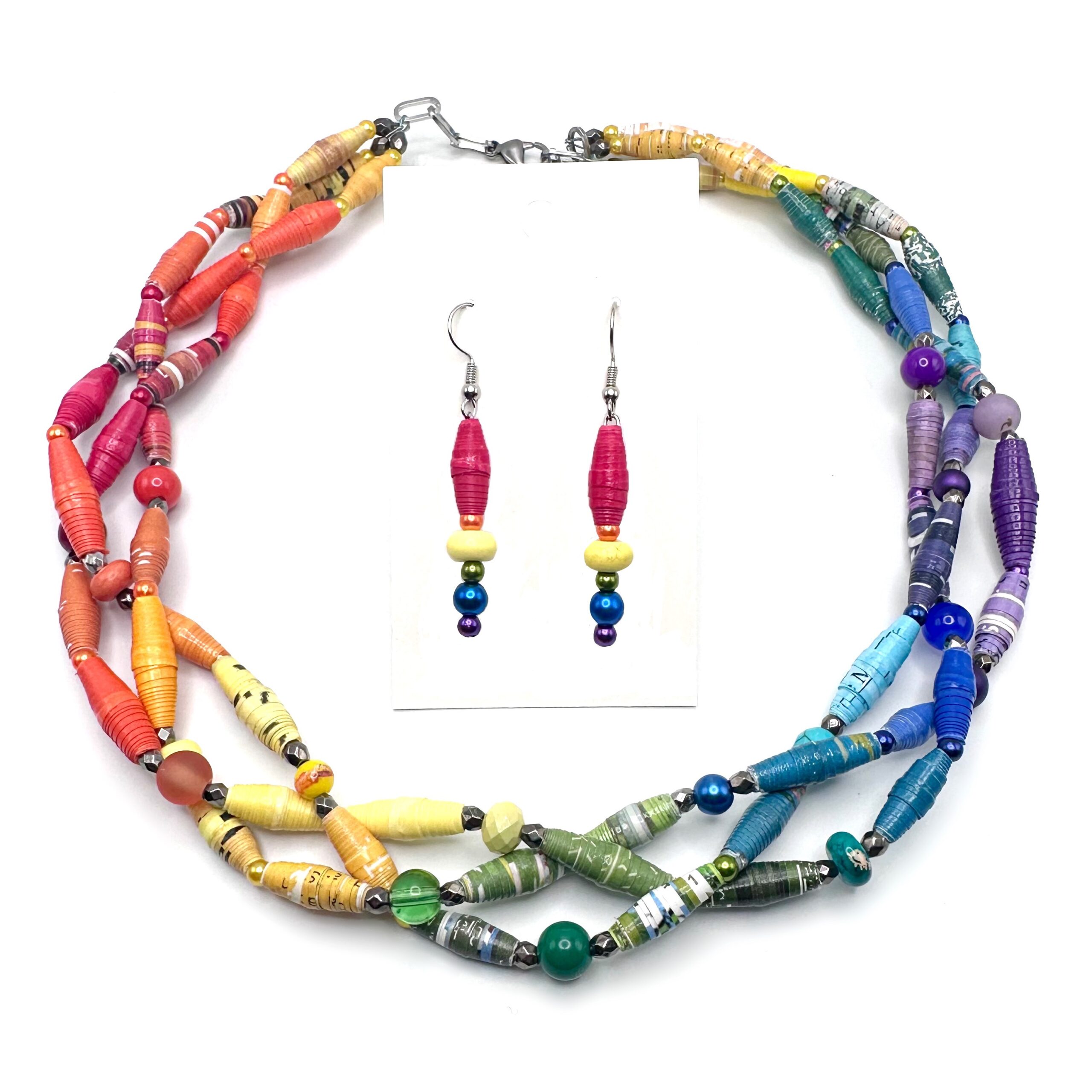 A rainbow piece of jewelry made of beads and metal wire.