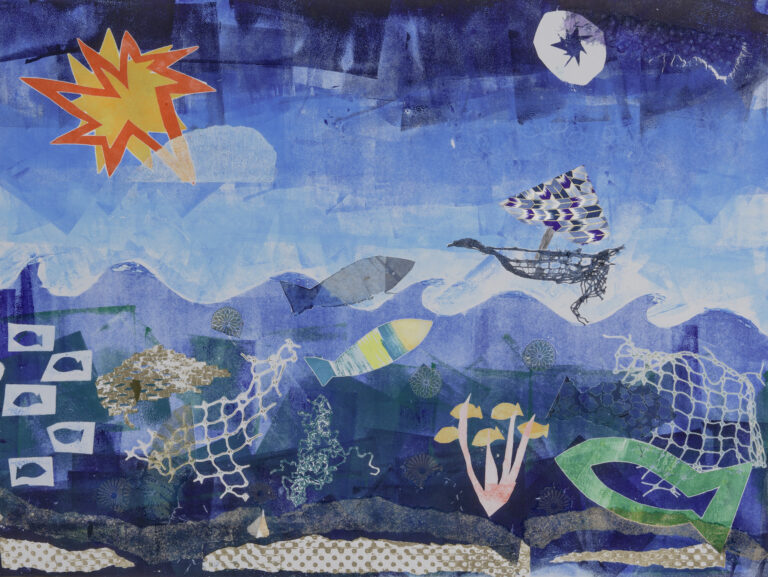 A printed, abstract nightime landscape.