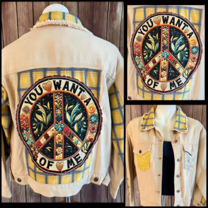An abstract design on the back of a jean jacket.