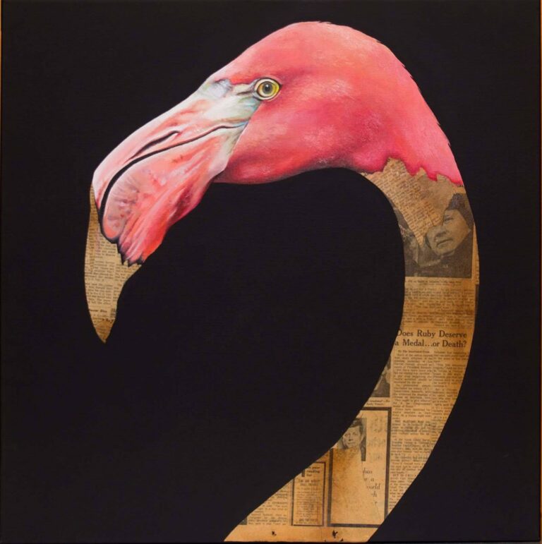 An abstract design of a flamingo over a black background.