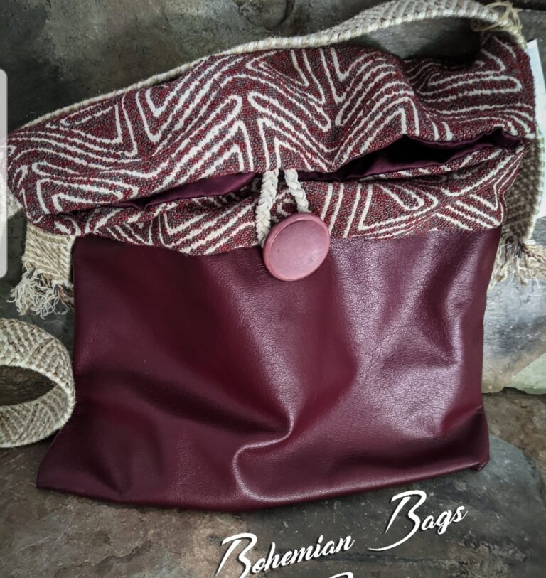 A handmade bag made of recycled fabric.