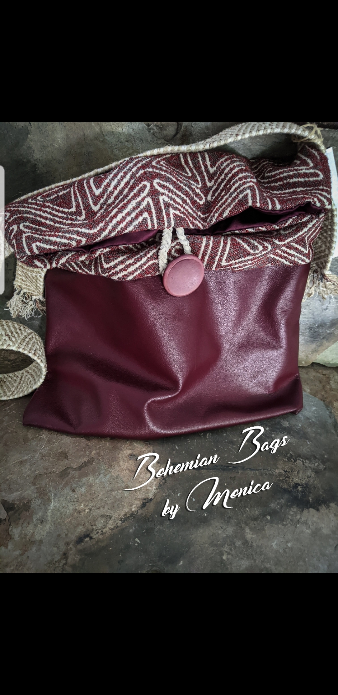 A handmade bag made of recycled fabric.