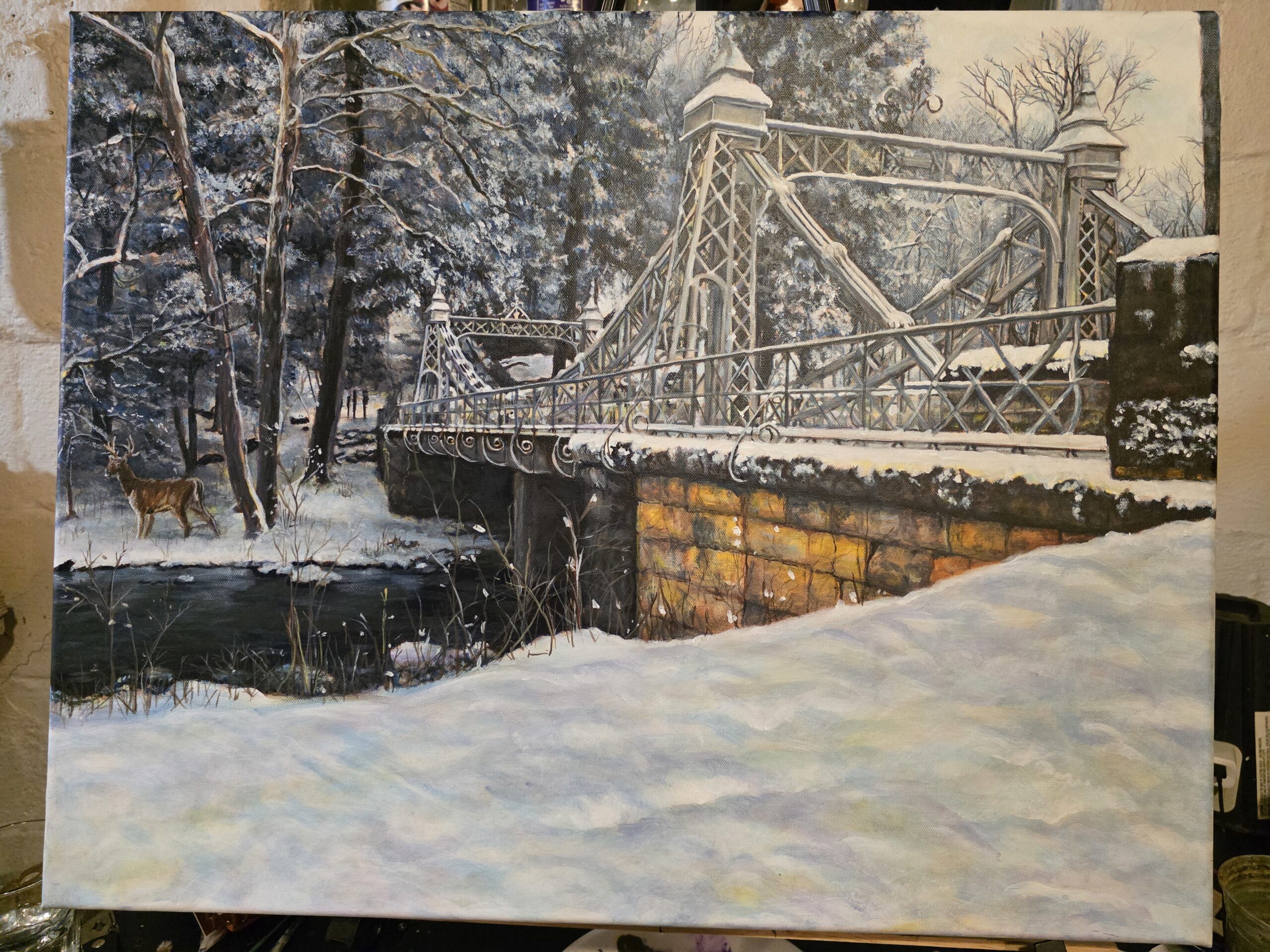 A painting of a snowy landscape with a bridge.