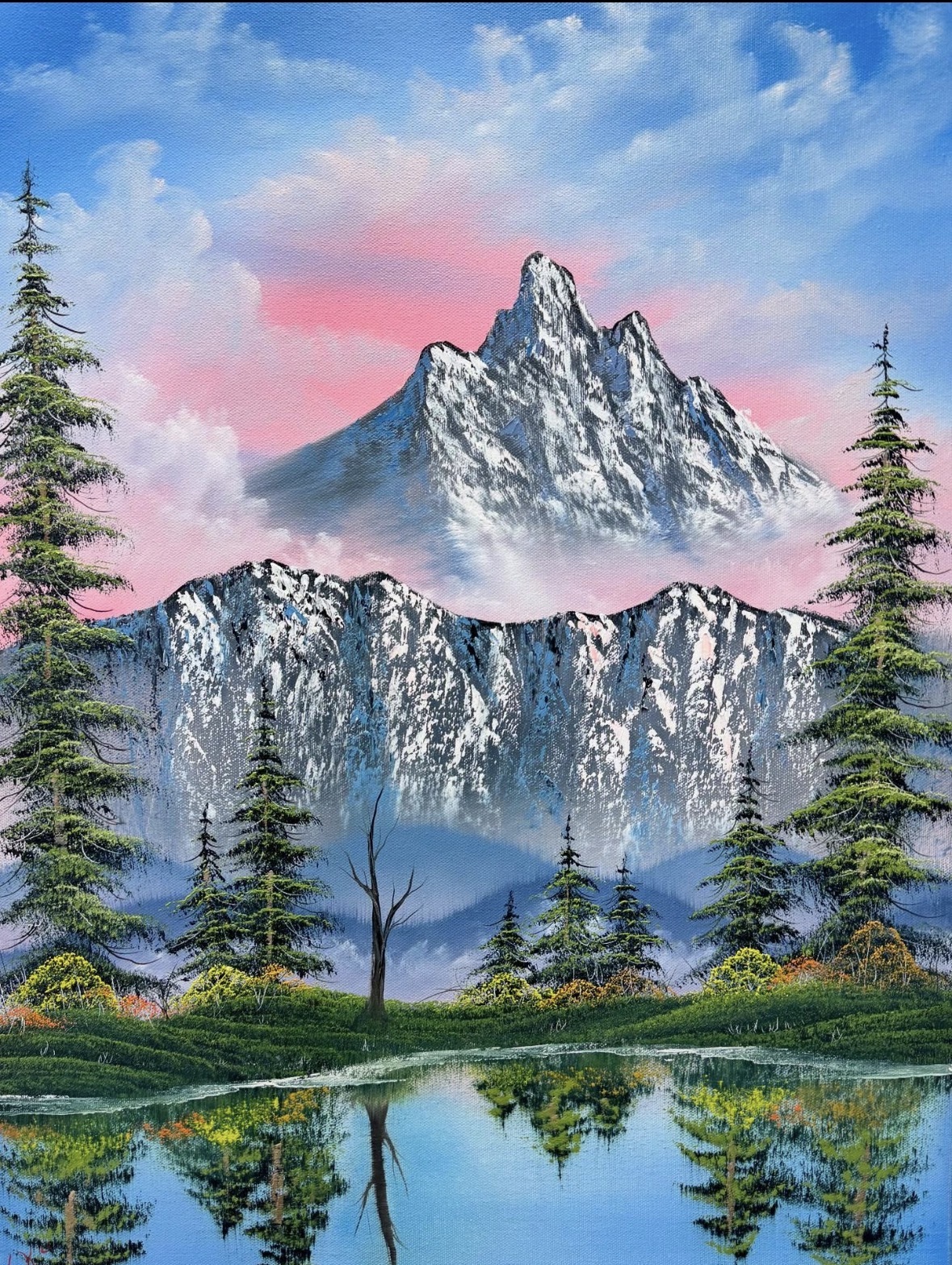 A painting of a mountainous landscape with water and trees in the foreground.