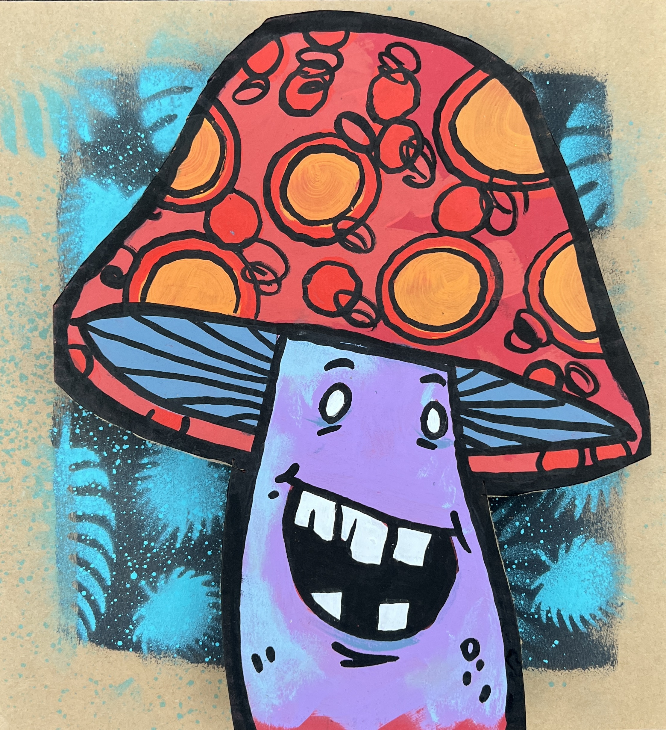A mixed media design of a multi-colored mushroom with a smiling face.