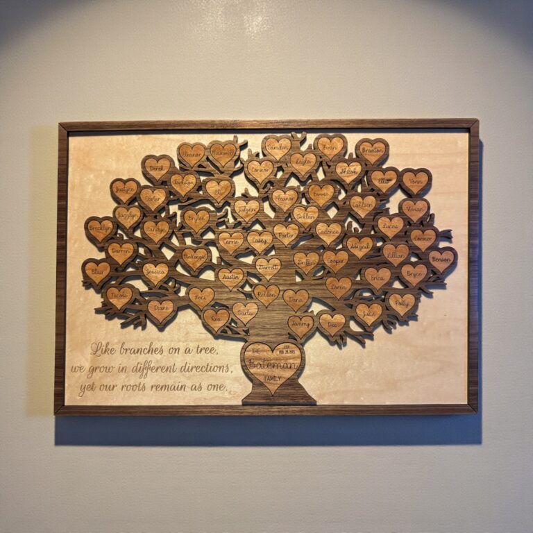 A framed family tree design made of wood.