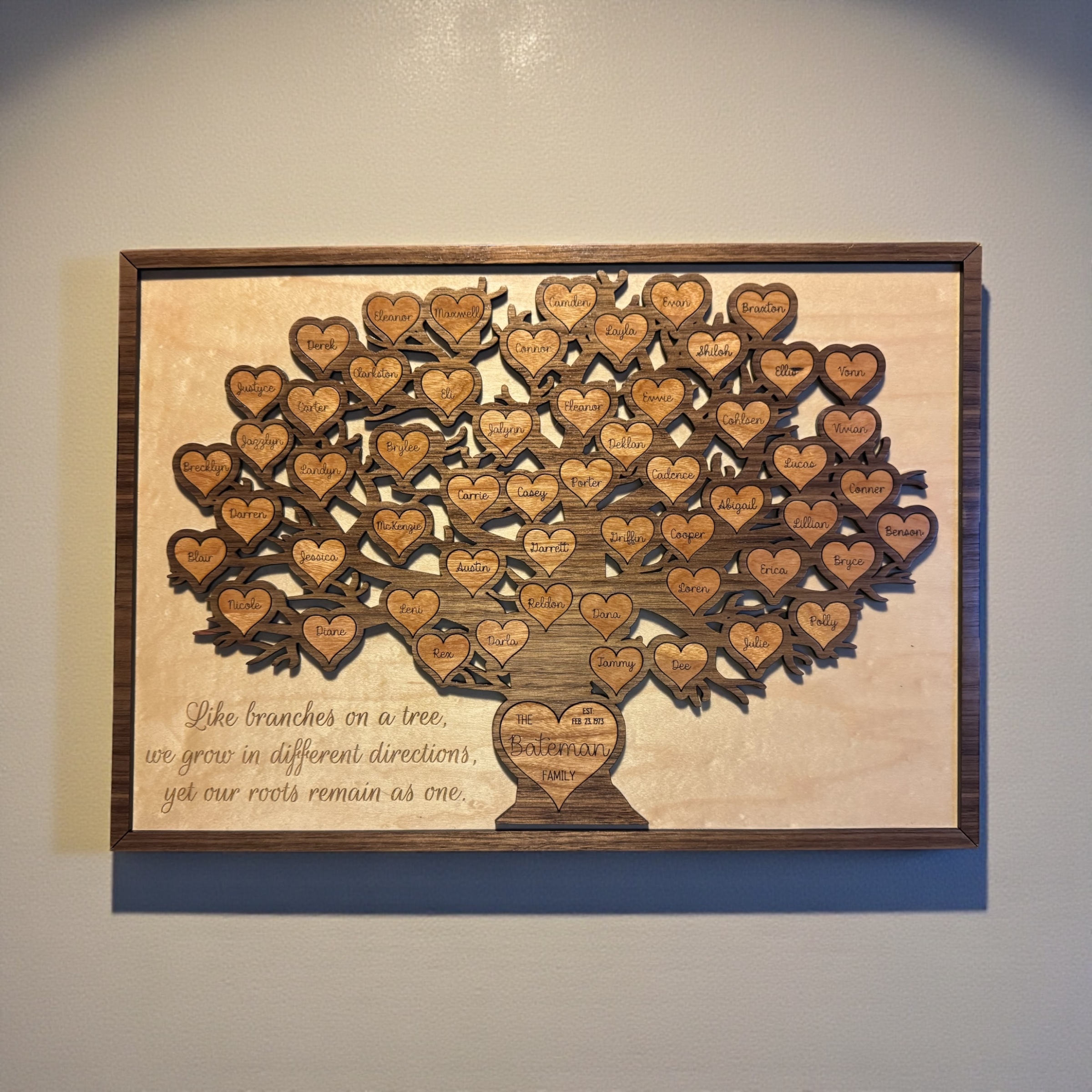 A framed family tree design made of wood.