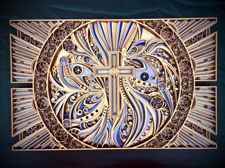 An intricate wooden design with a cross in the center.