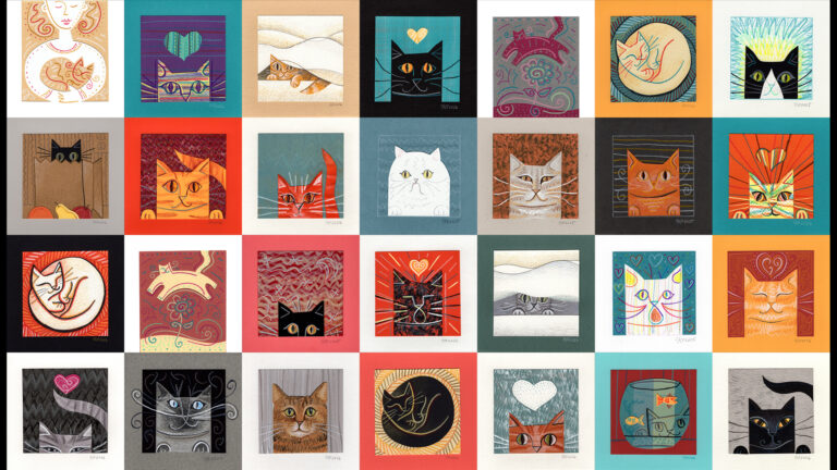 An abstract, tiled collage of varying drawings of cats.