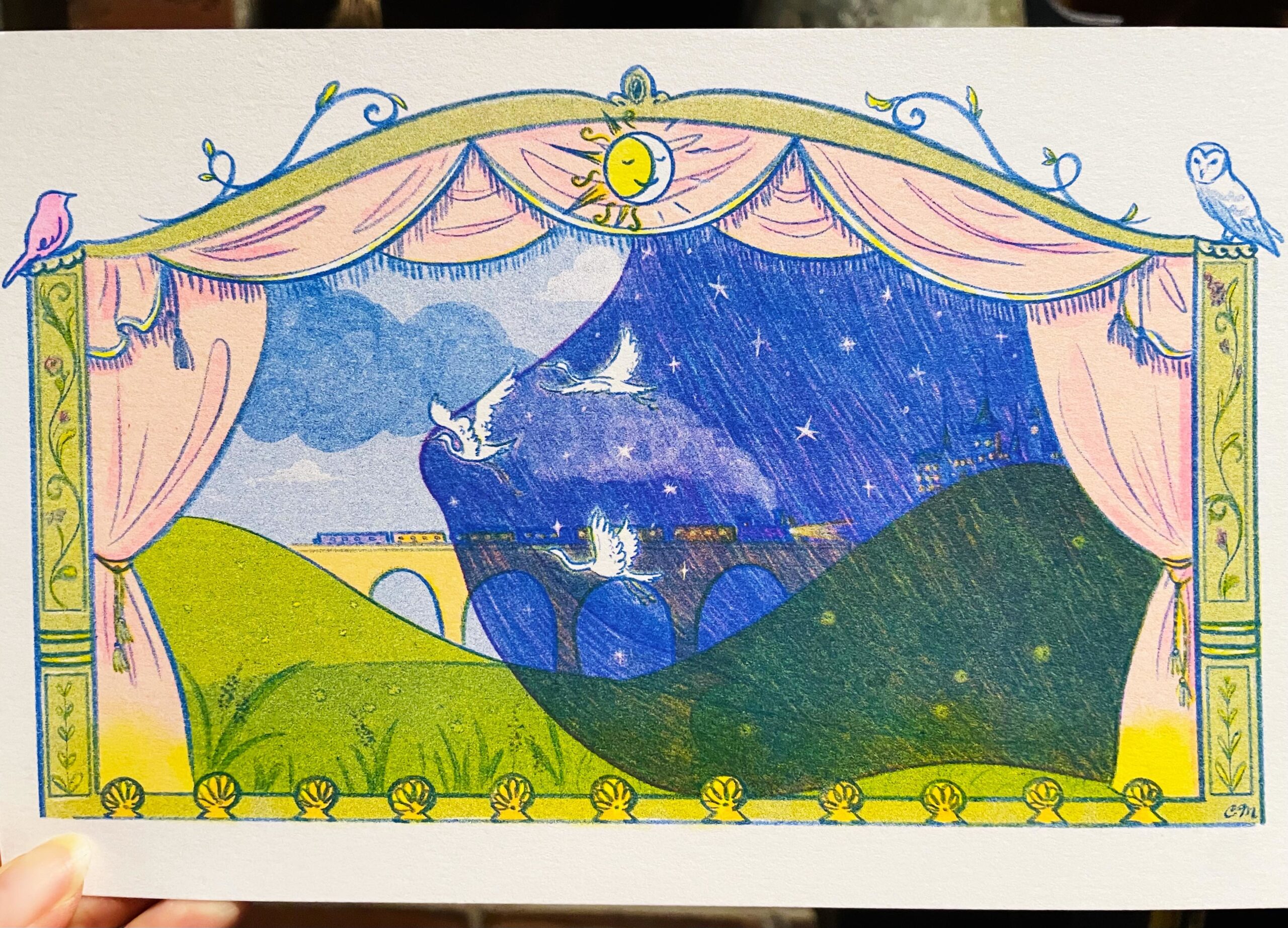 An illustration of swans flying in the night sky.