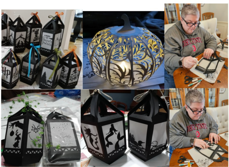 A collage of different printmaking pieces and Jeanine working on them.