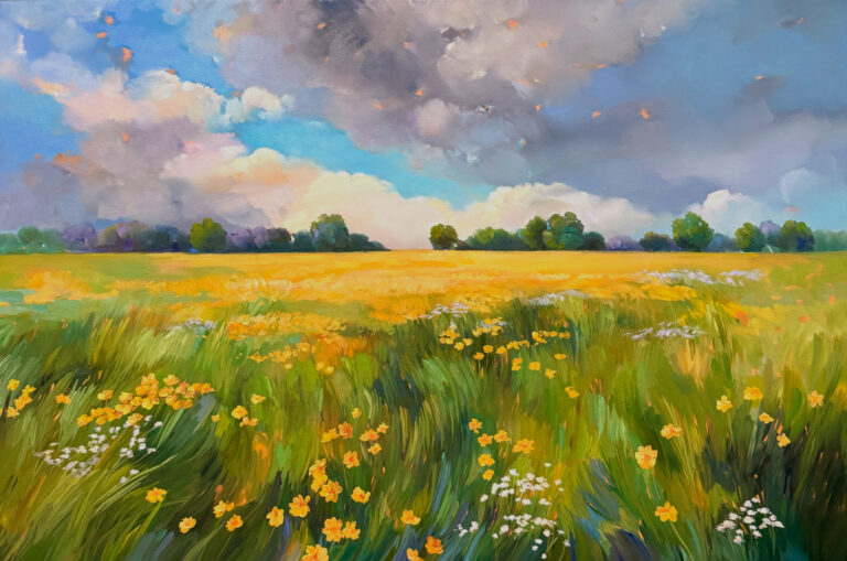 A painting of a valley with a cloudy sky above.