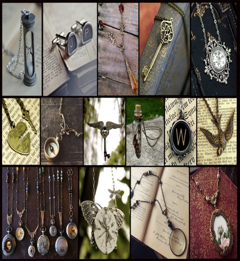 Multiple pieces of metal jewelry and accessories collaged together.