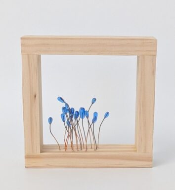 A piece of glass art in a wood frame.