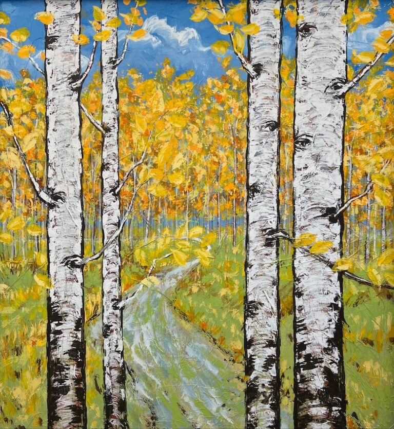 A painting of trees along a river with yellow leaves all around them.