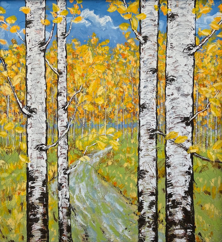 A painting of trees along a river with yellow leaves all around them.